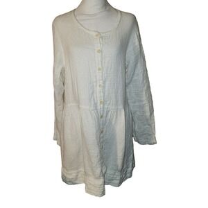 FLAX Womens Small Cream 100% Linen Long Sleeve Button Down Tunic Top Shirt